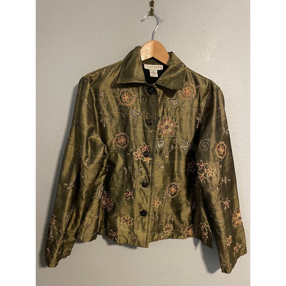 VTG Casual Studio Jacket Womens Medium Green Floral Embroidered Artsy Boho